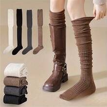 1/3/5 Pairs Women'S Warm Thick Calf Socks - Slim Fit, Solid Color With Side Stripes, Machine Washable, Perfect For Autumn & Winter Boots, Casual & Stylish Design, Winter Socks | Slim Fit Socks | Texture - Over-the-knee Socks - View 2