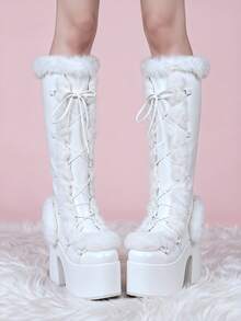 Women's Winter Furry Snow Boots Lace Up Zip Block Chunky High Heel Boots Punk Goth Warm Fur Winter Snow Platform Knee High Christmas Boots For Women - 白色 - 查看 7