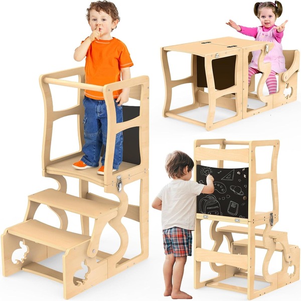 Torre de observación infantil, torre de observación Montessori, torre de aprendizaje de madera natural, torre de observación plegable, construcción estable antivuelco, con pizarra, a partir de 12 meses
