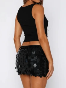 Women Y2K Sequin Mini Skirt Mermaid Sparkle Dance Costume Short Bodycon Skirts Glitter Party Night Out Clubwear - 黑色 - 查看 3