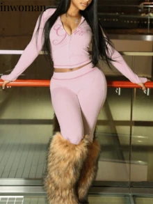 Inwoman Autumn Hoodies Long Sleeve Outfits For Women Zip Up Travel Going Out Matching Women Sets Comfy Joggers Sweat Fall Clothes For Women - 粉色 - 查看 4