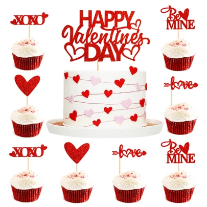 情人节纸杯蛋糕装饰 - 箭头爱心蛋糕插牌，情人节快乐蛋糕装饰签，适用于情侣周年纪念派对生日蛋糕装饰
