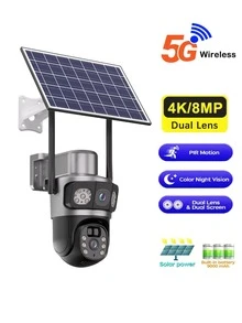 4K Security Cameras Wireless Outdoor, 5G/2.4G WiFi CCTV Cameras For Home Security Solar Power With Dual Lens,Battery Powered PIR Motion Detection,Color Night Vision,2-Way Audio,IP65 Waterproof,No Subscription Fee - 黑色 - 查看 1