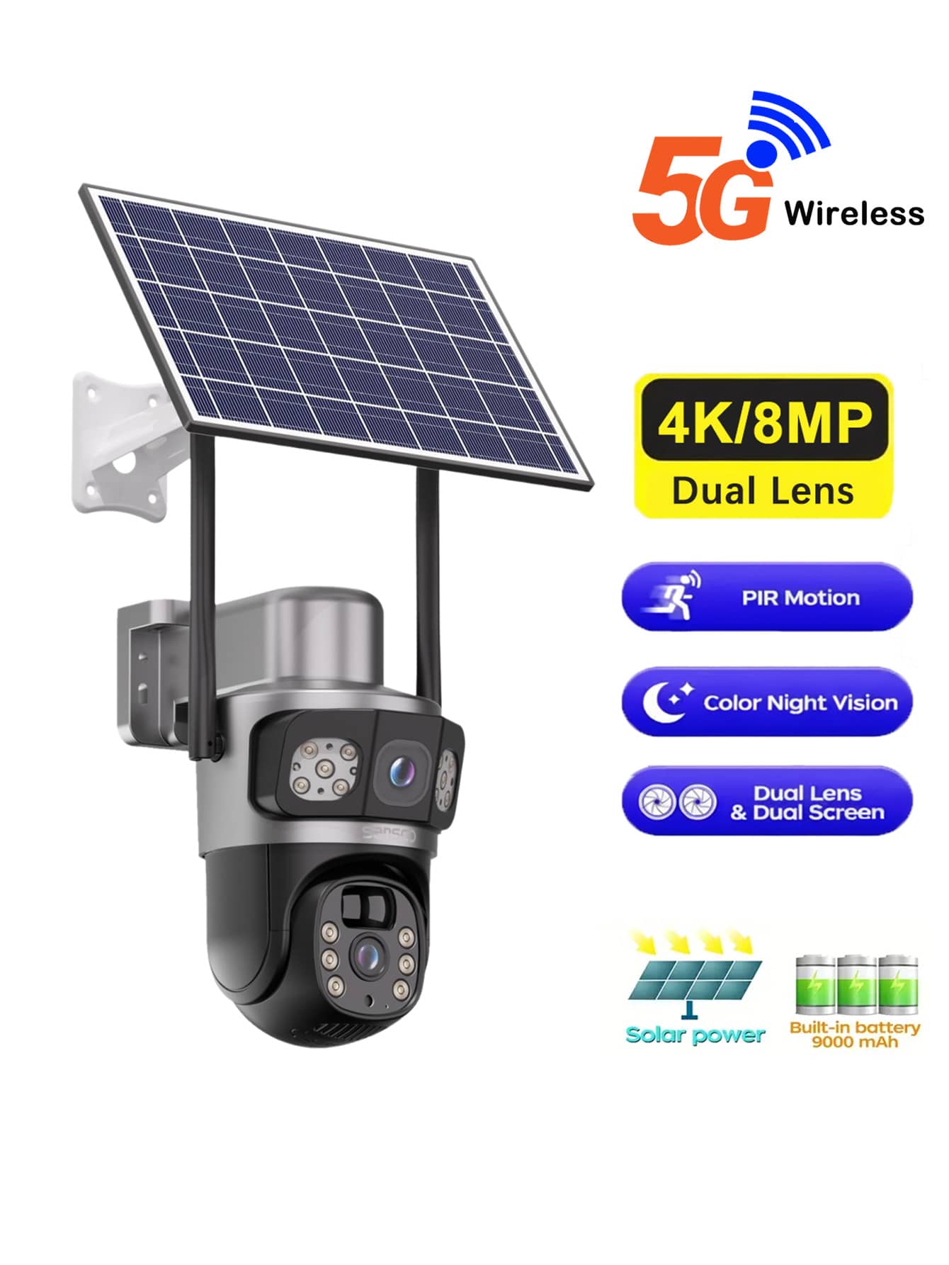 4K Security Cameras Wireless Outdoor, 5G/2.4G WiFi CCTV Cameras For Home Security Solar Power With Dual Lens,Battery Powered PIR Motion Detection,Color Night Vision,2-Way Audio,IP65 Waterproof,No Subscription Fee - 黑色 - 查看 1