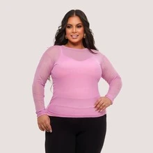 Women's Tulle Blouse With Long Sleeves And Versatile See-Through - 淺粉色 - 查看 3