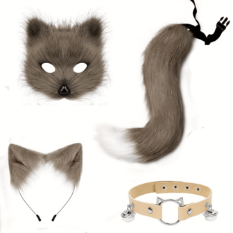 4-Piece Cat Costume Set, Including Tail, Ear Headband, Collar And Mask - Cute And Fluffy Feline Outfit, With Expressive Eyes And Fluffy Tail, Suitable For Both Men And Women - Soft And Comfortable It Can Be Used For Role-Playing, Theme Parties, Cosplay Or Daily Outfits - Available In Multiple Colors (White, Gray, Brown, Black, Pink, Beige) - Ideal For Events Such As Carnivals And Masquerade Balls
