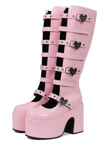 Y2k Style Women's Knee High Boot Solid Color  Buckle Round Toe Punk Motorcycle Nightclub Cosplay Shoes - Hồng - Xem 8