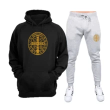Gold Flannel Sweatshirt Set With Saint Benedict Print - Immediate Shipping - Excellent Quality - 黑色+灰色 - 查看 1