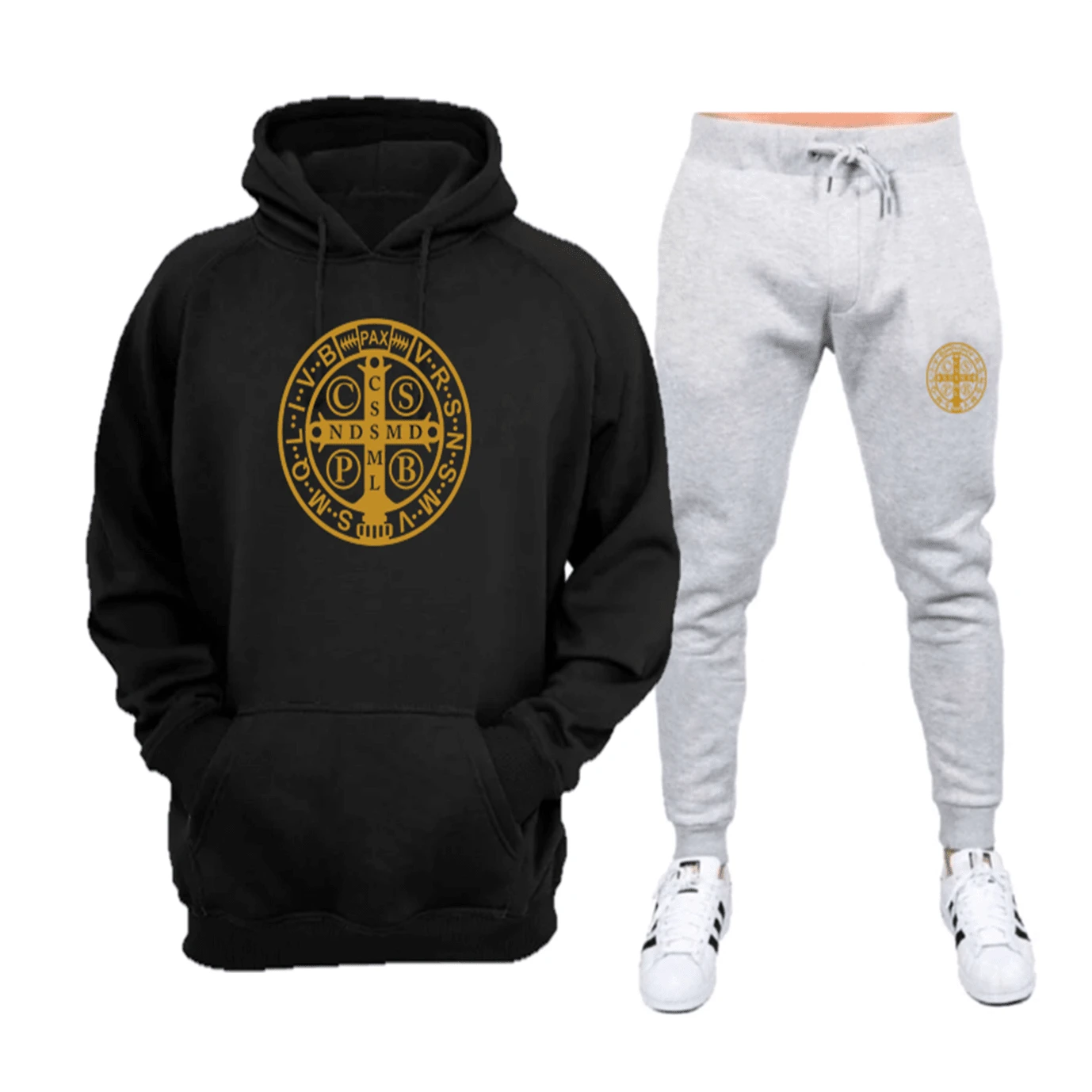 Gold Flannel Sweatshirt Set With Saint Benedict Print - Immediate Shipping - Excellent Quality - 黑色+灰色 - 查看 1