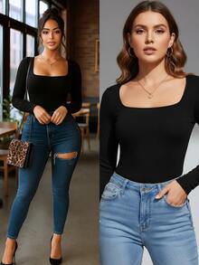 Body Mujer Ajustado Pantiblusa Manga Larga Escote Cuadrado Formal Elegante Tela Bruhs Suave Forro Al Frente Negro Beige Blanco Rojo - Negro - Ver 6