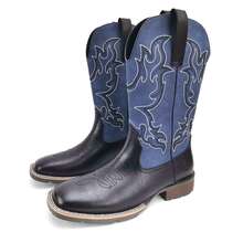 男士西部牛仔靴，厚底刺绣高帮邦德皮马靴，2025新款V领袖骑士靴，复古中筒方头 - 黑色 - 查看 7