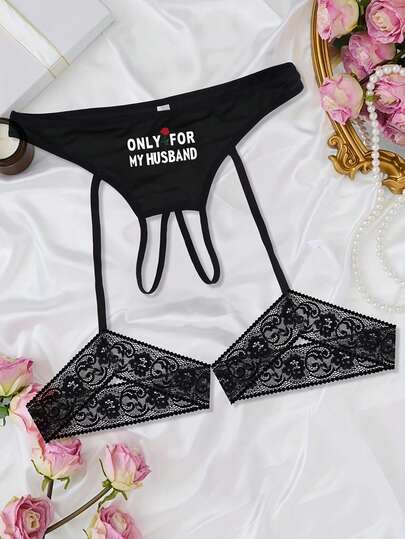 Women's Sexy Letter & Rose Print Crotchless Thong Panties With Leg Garter, Comfortable & Stylish
