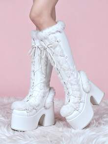 Women's Winter Furry Snow Boots Lace Up Zip Block Chunky High Heel Boots Punk Goth Warm Fur Winter Snow Platform Knee High Christmas Boots For Women - 白色 - 查看 5