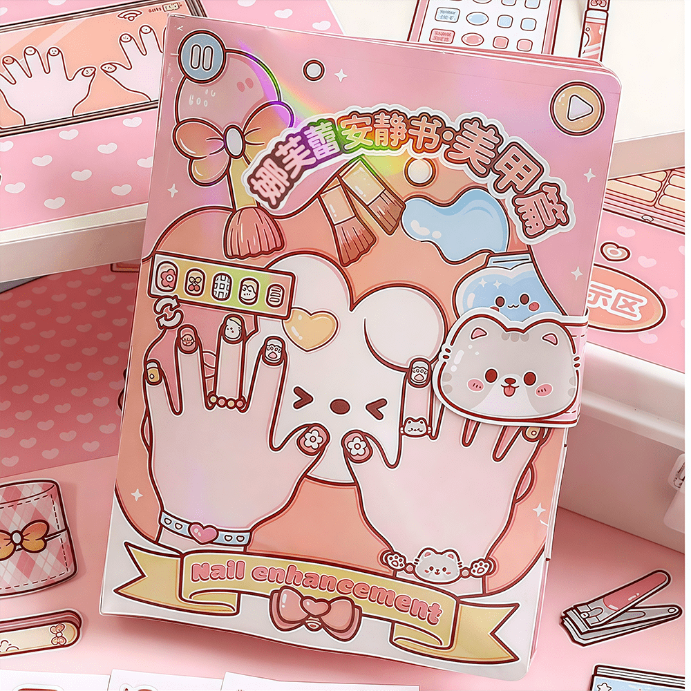 DIY Nail Salon Sticker Toy, Children's Handmade Craft Book, Quiet Cutting Book, Non-Finished Gift, Simulated Nail Salon Scene