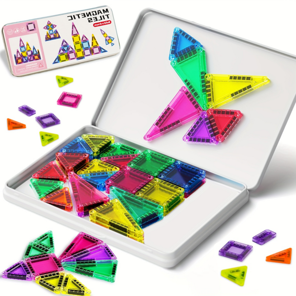 28/36pcs Mini Travel Magnetic Building Blocks, Magnetic Tiles With Metal Box, Magnetic Toys Travel Set, Educational Building Toys, Halloween, Christmas, Birthday Gift For Boys And Girls