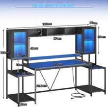 190cm Gaming Desk For PC With Lights, Power Outlets, Shelves - Black - View 2