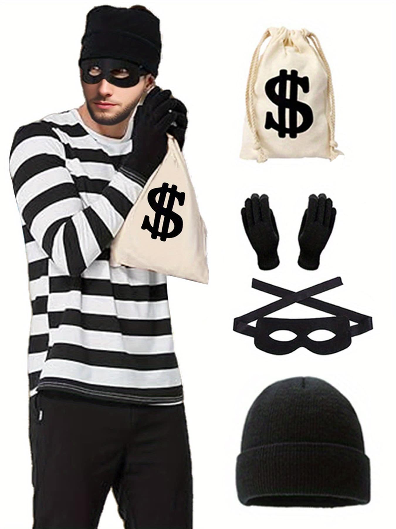 5/8pcs Adult Thief Costume Set, Party Outfit, Masquerade Cosplay Attire