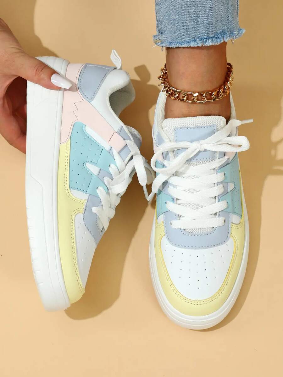 Women's Gradient Color Sports Shoes, Party Shoes Classic Color Round Toe Lace-Up Sneakers, Thick Sole Cushioned Comfortable Skateboard Shoes, Holiday & Birthday Gift, Student Shoes - 白黃月 - 查看 1