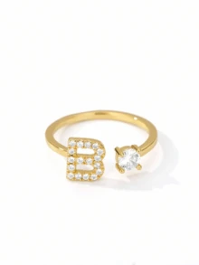 1枚可调节18K镀金不锈钢水晶锆石字母戒指，女士结婚首饰 - 1 - 查看 17