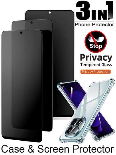 3IN1 2pcs Privacy Anti-Spy Tempered Glass Screen Protector Film Compatible With Xiaomi/Redmi Easy To Stick, Scratch Resistant, Office/Subway Anti Peeping Edge Upgrade Protection With 1pc Shockproof Transparent Phone Case