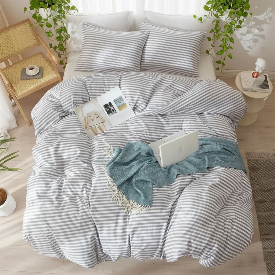Vclife Vintage Floral Comforter Set Four Sizes, All Seasons Muslin Cotton Bedding Set, 3 Pieces Farmhouse Shabby Chic Jacquard Floral Comforter Set Perfect For Women And Men - 胖被套裝-條紋淺灰-1 - 查看 1