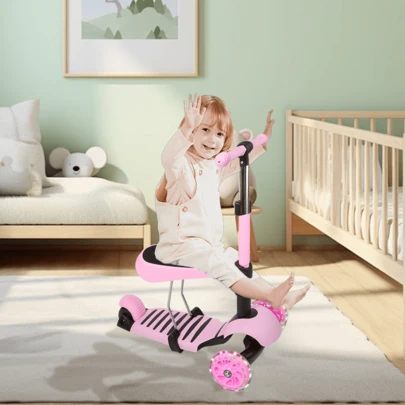 5-in-1-Kinderroller mit abnehmbarem Cartoon-Korb, Sitz, Schiebestange, bequemer Rückenlehne, höhenverstellbarem Lenker, geeignet für Kleinkinder, Jungen und Mädchen ab 2 Jahren