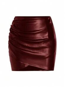 女士秋季时尚百褶迷你裙 - 酒紅色 - 查看 3