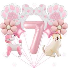 1pc Cute Pet Theme Pink Number Balloon Set For Girls Aged 1-9, Birthday Decoration, Poodle And Labrador Shaped Foil Balloons, Paw And Flower Pattern Decorations, Children's First Birthday Party Scene Balloon Set, Background Wall Decoration Theme, Party Decoration - Multicolor - View 19