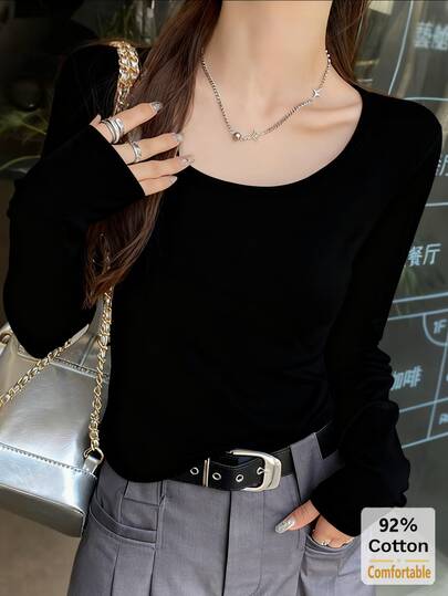 Women's Black U-Neck Long Sleeve T-Shirt, Versatile Solid Color Undershirt, Slim Fit, Autumn/Winter