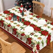 1 Stück, Polyester-Tischdecke, Tischdecke mit Weihnachtsmotiv, Tischdecke mit rotem Blumenmuster und Gingle Bell-Muster, stimmungsvolle Tischdekoration zu Weihnachten, Tischdecke aus Stoff für die Feiertags-Schreibtischdekoration, Heimdekoration, Weihnachtsdeko, Geschenk