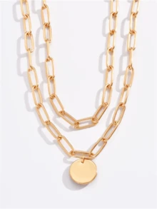 1pc Charm Round Pendant Double Layer Necklace, Paperclip Chain Necklace