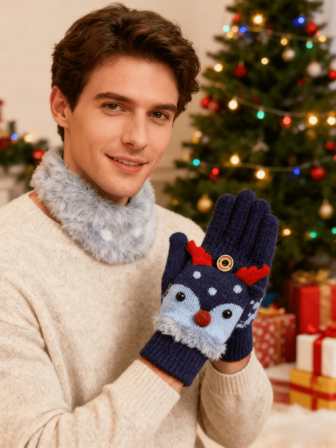 1双可爱卡通圣诞半指手套，保暖加厚内衬，冬季