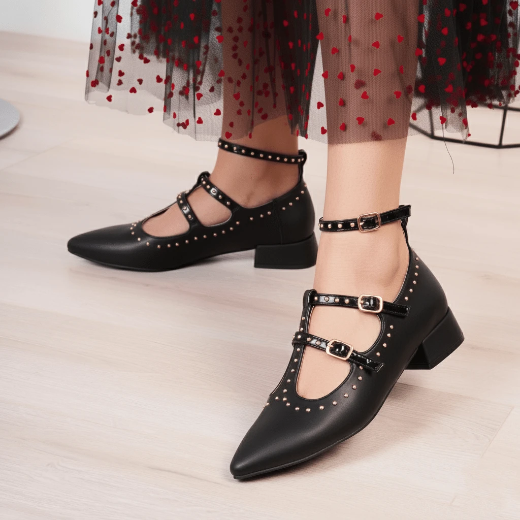 Chaussures décoratives avec bride croisée, talon carré petit et bout pointu avec clous fantaisie - Noir - Voir 1