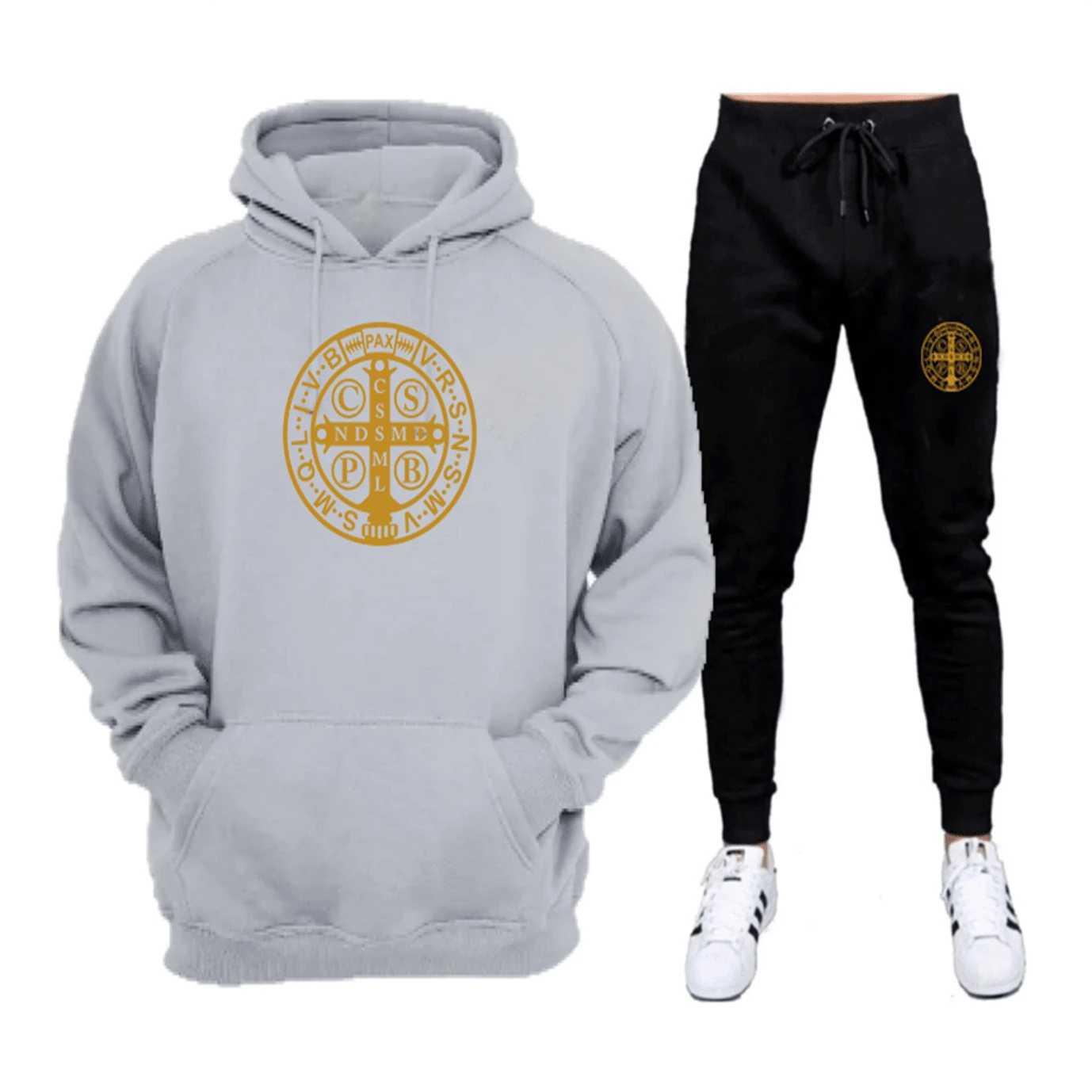 Gold Flannel Sweatshirt Set With Saint Benedict Print - Immediate Shipping - Excellent Quality - Gray+Black - View 1