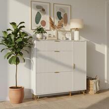 MISNODE Meuble à chaussures blanc avec 2 portes pliantes, étagère à chaussures avec tiroir et étagère de rangement, étagère à chaussures étroite, dispositif anti-basculement, pour entrée couloir couloir chambre salon, 110 x 24 x 114,5 cm - Blanc - Voir 12