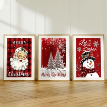 مجموعة 3 قطع من لوحات الجدار الفنية الرجعية، طباعة على قماش كانفاس - بابا نويل، عيد الميلاد مبارك، أشجار عيد الميلاد، رجل الثلج، خلفية حمراء، مع إطار خشبي من الصنوبر، ديكور فني بطراز كلاسيكي رجعي، ديكور عيد الميلاد | ملصق عيد الميلاد | مؤطر أو غير مؤطر، ديكور الغرفة، ديكور المنزل، ديكور غرفة السكن الجامعي، هدايا لديكور الجدران في الفندق، المنزل، غرفة المعيشة، غرفة النوم، الحمام والمكتب