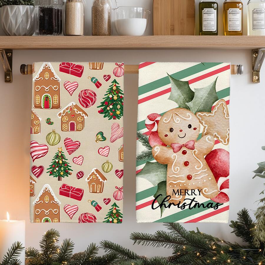 2pcs Christmas Gingerbread Man & Christmas Tree Pattern Kitchen Towels, Soft Polyester Material Dish Cloths, Suitable For Kitchen Decor, Cleaning, Holiday Party Decoration, Kitchen & Bathroom Essentials, Home Decor, Housewarming Gift - Multicolor - View 1