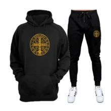 Gold Flannel Sweatshirt Set With Saint Benedict Print - Immediate Shipping - Excellent Quality - 黑色+黑色 - 查看 1