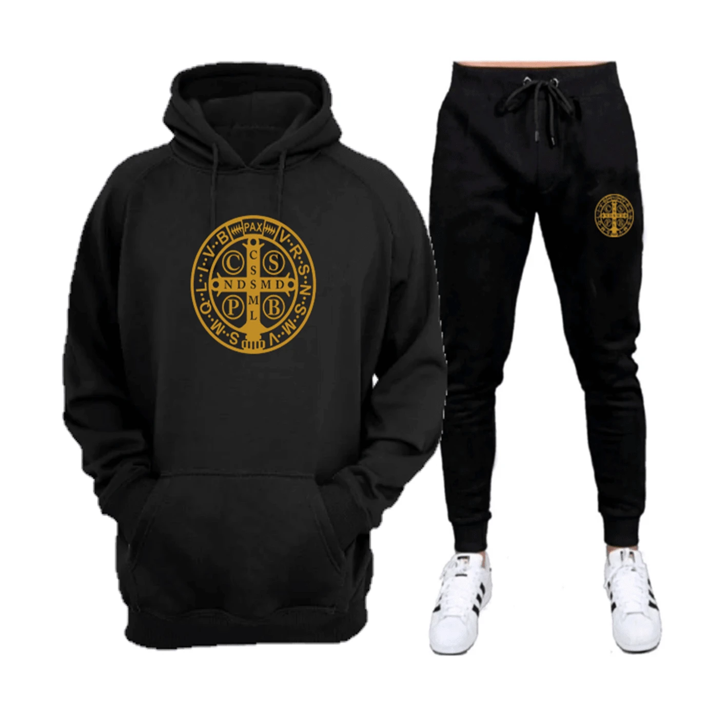 Gold Flannel Sweatshirt Set With Saint Benedict Print - Immediate Shipping - Excellent Quality - 黑色+黑色 - 查看 1