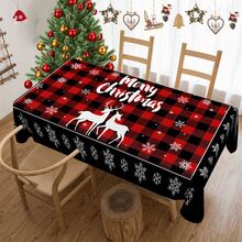 1 件圣诞快乐涤纶桌布，红色和黑色格子麋鹿桌布，圣诞节餐桌装饰，适合野餐或节日派对，家居装饰 - 彩色 - 查看 14