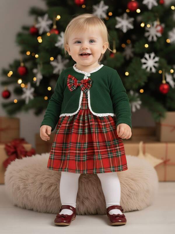 Christmas Baby Girls Plaid Dress With Collar + Knit Cardigan Sweater 2pcs Set, Casual & Cute