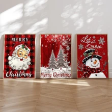 مجموعة 3 قطع من لوحات الجدار الفنية الرجعية، طباعة على قماش كانفاس - بابا نويل، عيد الميلاد مبارك، أشجار عيد الميلاد، رجل الثلج، خلفية حمراء، مع إطار خشبي من الصنوبر، ديكور فني بطراز كلاسيكي رجعي، ديكور عيد الميلاد | ملصق عيد الميلاد | مؤطر أو غير مؤطر، ديكور الغرفة، ديكور المنزل، ديكور غرفة السكن الجامعي، هدايا لديكور الجدران في الفندق، المنزل، غرفة المعيشة، غرفة النوم، الحمام والمكتب