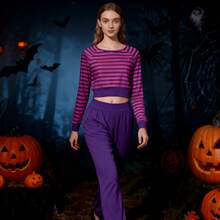 Women's Pink Purple Striped Long Sleeve Crop Top Casual Round Neck Knitted With Slight Stretch - 紫色 - 查看 5