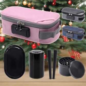 礼盒套装 - 防臭袋，包含2个烟管、金属烟灰缸、4层研磨器、真空储物罐、带密码锁的防臭袋，3种颜色可选，适合派对、聚会和日常使用，情人节佳礼。