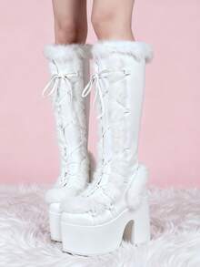 Women's Winter Furry Snow Boots Lace Up Zip Block Chunky High Heel Boots Punk Goth Warm Fur Winter Snow Platform Knee High Christmas Boots For Women - 白色 - 查看 8