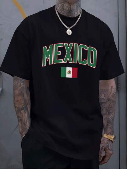 Camiseta de Hombre con Estampado de la Bandera Mexicana y Texto México,Diseño Casual y Moderno,Ideal para el Día a Día.