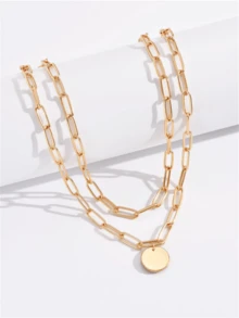 1pc Charm Round Pendant Double Layer Necklace, Paperclip Chain Necklace