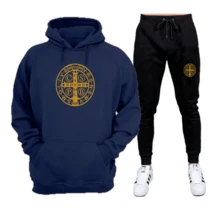 Gold Flannel Sweatshirt Set With Saint Benedict Print - Immediate Shipping - Excellent Quality - 海軍藍+黑色 - 查看 1