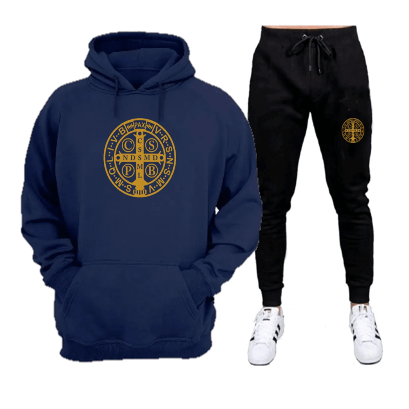 Gold Flannel Sweatshirt Set With Saint Benedict Print - Immediate Shipping - Excellent Quality - 海軍藍+黑色 - 查看 1