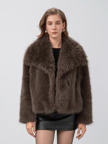 女装冬季新款法式专属高端宽松缺角领名媛风人造毛皮短款外套 - 棕色 - 查看 5